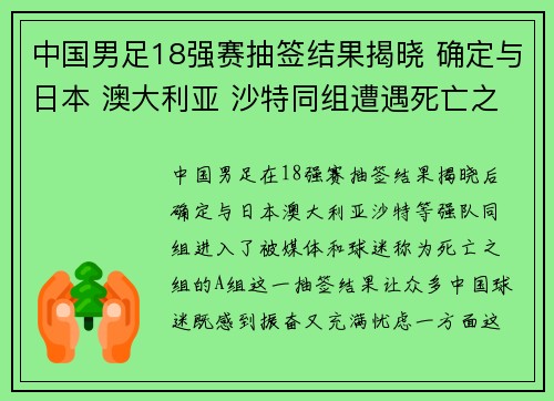 中国男足18强赛抽签结果揭晓 确定与日本 澳大利亚 沙特同组遭遇死亡之组