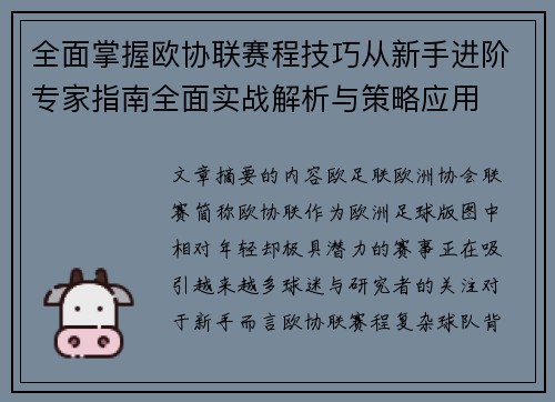 全面掌握欧协联赛程技巧从新手进阶专家指南全面实战解析与策略应用 全面掌握欧协联赛程技巧从新手进阶专家指南全面实战解析与策略应用