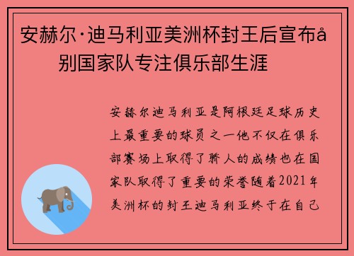 安赫尔·迪马利亚美洲杯封王后宣布告别国家队专注俱乐部生涯 安赫尔·迪马利亚美洲杯封王后宣布告别国家队专注俱乐部生涯